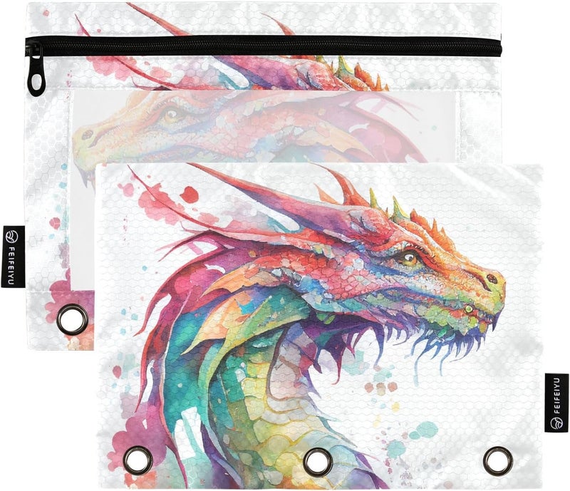BOENLE Watercolor Dragon Pencil Pouch for 3 Ring Binder, 2 Pack Waterproof Pencil Bags Clear Window Zipper School Office Supplies - Image 1